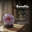 Decorative crystal ball on a wooden surface with text listing benefits.