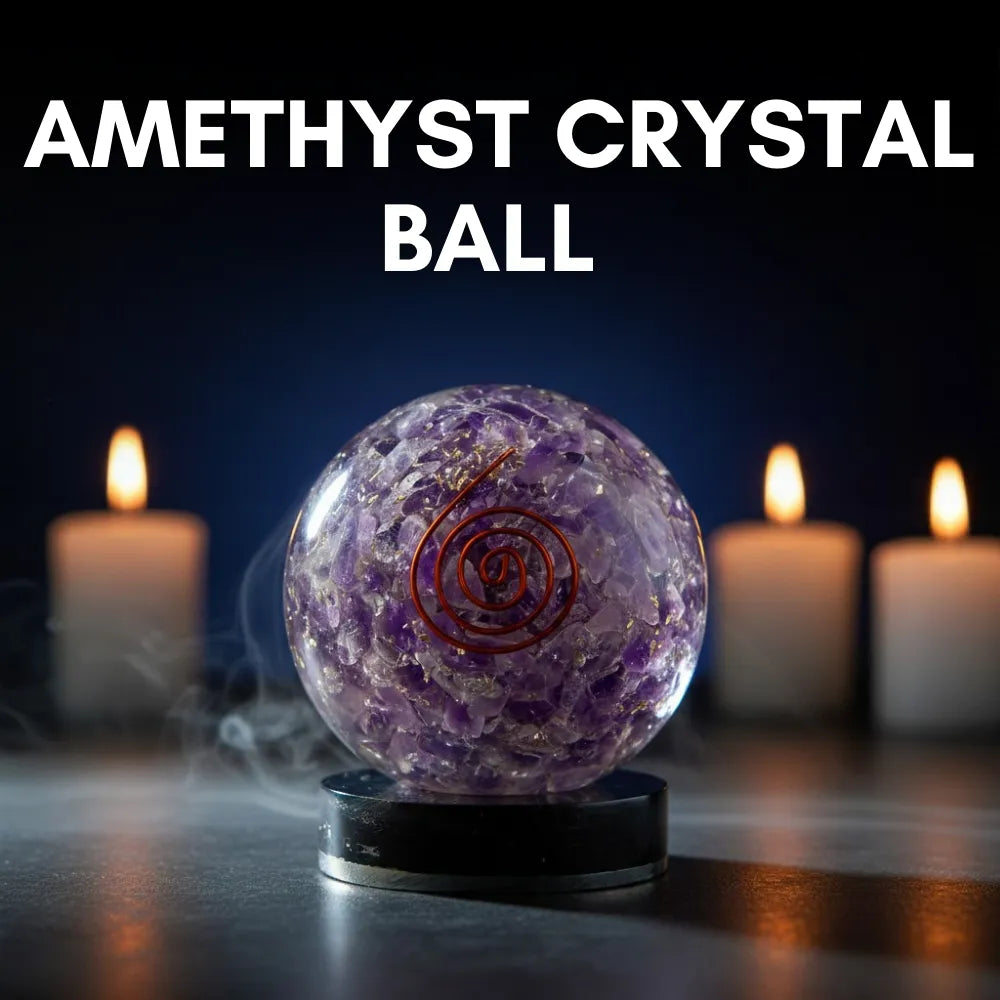 Amethyst crystal ball with candles in the background on a dark background