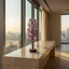 Decorative tree sculpture on a table with a cityscape view through large windows.