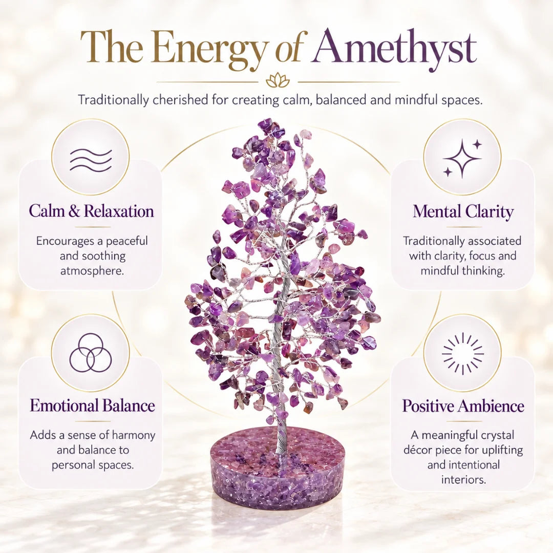 Amethyst qualities panel: calm and relaxation, mental clarity, emotional balance and positive ambience