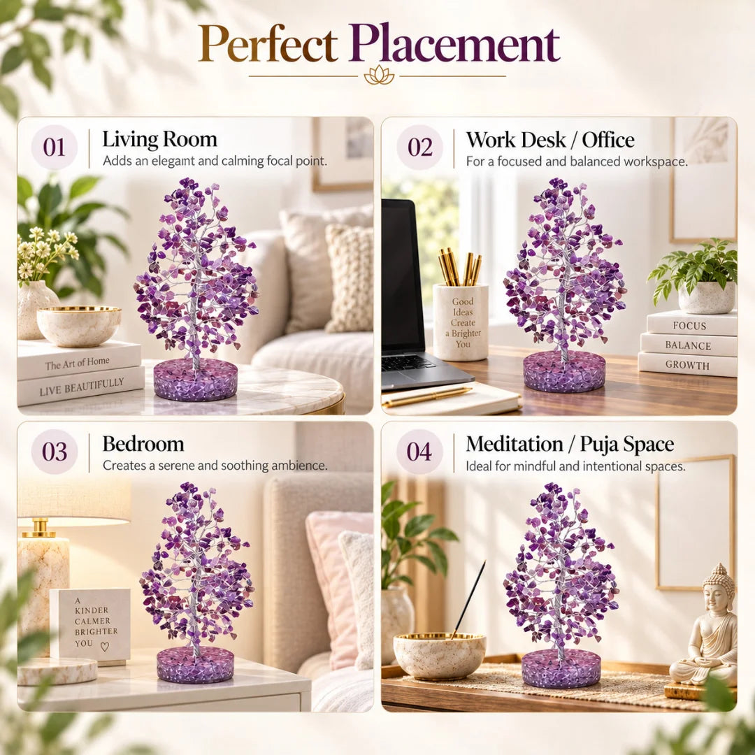Amethyst crystal tree placement ideas for the living room, work desk, bedroom and meditation space