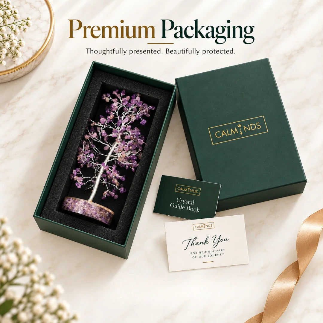 Amethyst Crystal Tree presented in a Calminds gift box with guide book and thank you card
