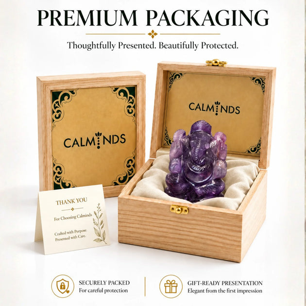 Amethyst Ganesha in premium wooden gift box with Calminds thank you card