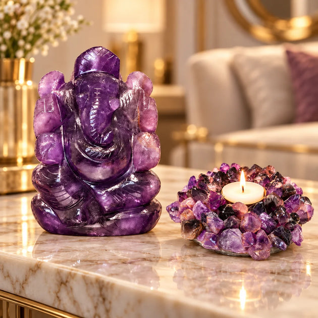 Amethyst Ganesha puja set with amethyst tea light holder – what's inside