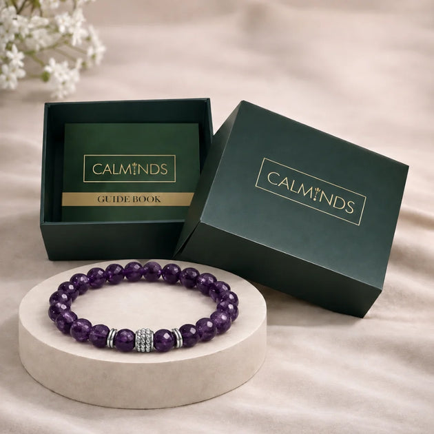 Calminds Amethyst Healing Bracelet close-up showing purple beads