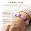 Amethyst and rose quartz bracelet on a wrist with text about its benefits.