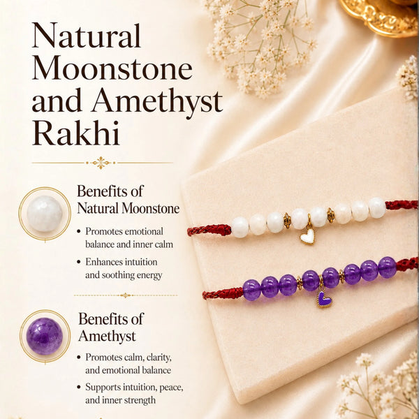 Amethyst & Moonstone Heart Charm — Sisterly Calm Rakhi for Bhabhi & Sister