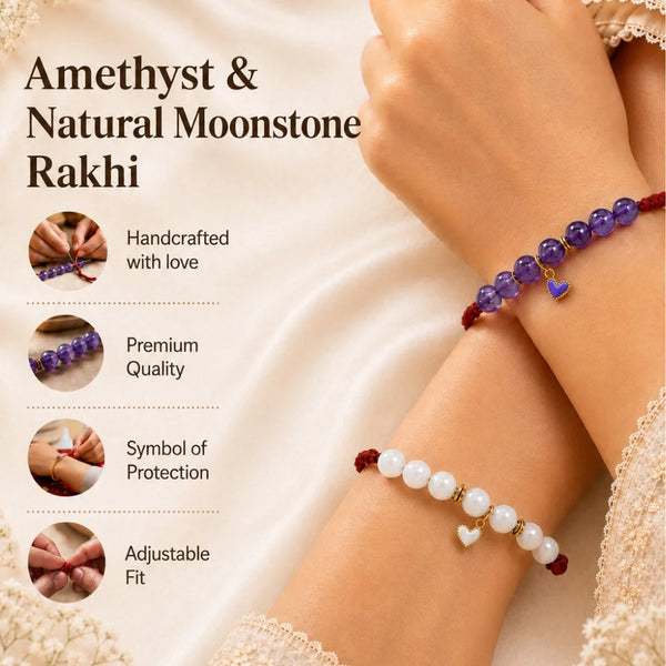 Amethyst & Moonstone Heart Charm — Sisterly Calm Rakhi for Bhabhi & Sister