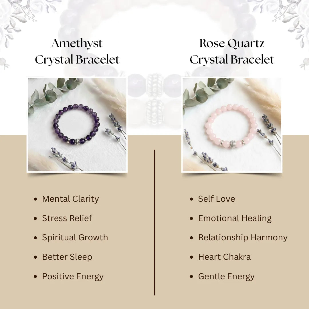 Two crystal bracelets, one amethyst and one rose quartz, with their respective benefits on a decorative background.
