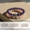 Two beaded bracelets, one purple and one pink, on a beige surface with text instructions.