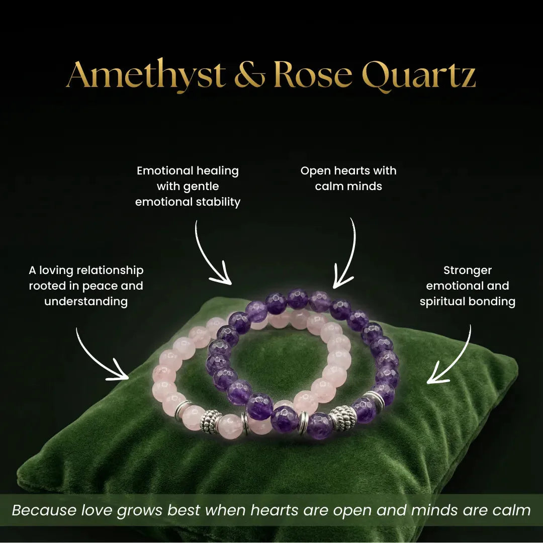 Reiki charged amethyst and rose quartz bracelets for couples