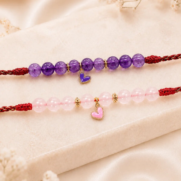 Rose Quartz & Amethyst — Loving Calm Lumba Rakhi for Bhabhi & Sister