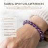 Purple amethyst crystal bracelet on a wrist with text highlighting benefits on a light background