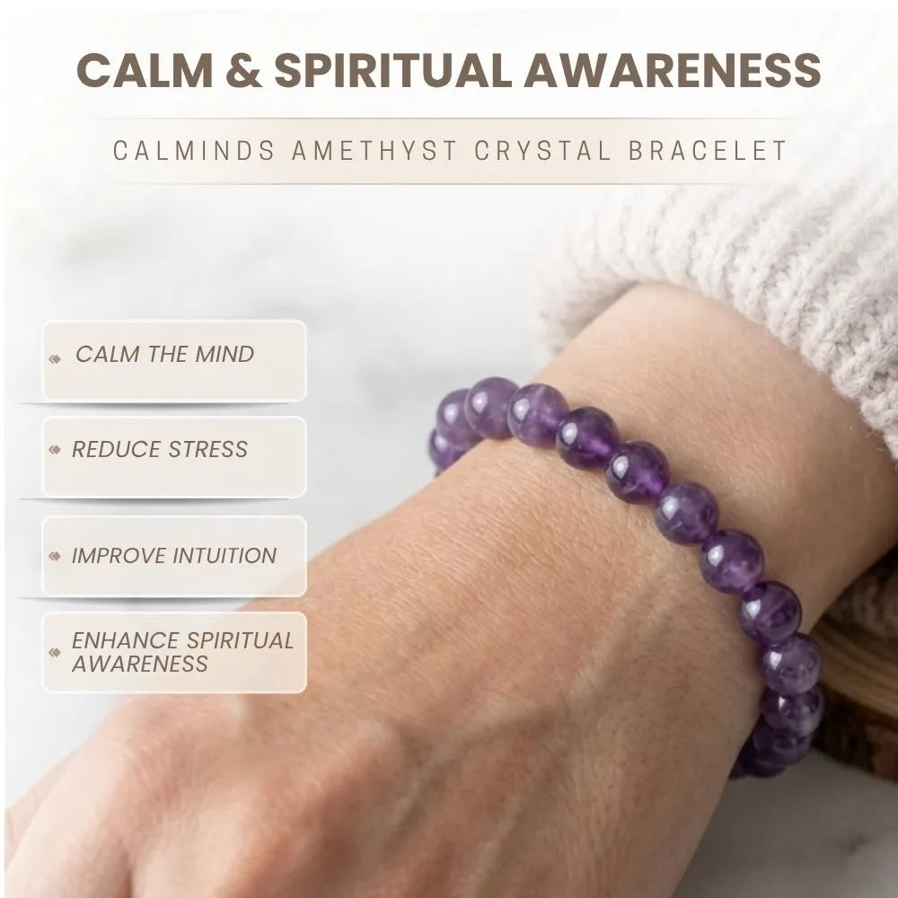 Purple amethyst crystal bracelet on a wrist with text highlighting benefits on a light background