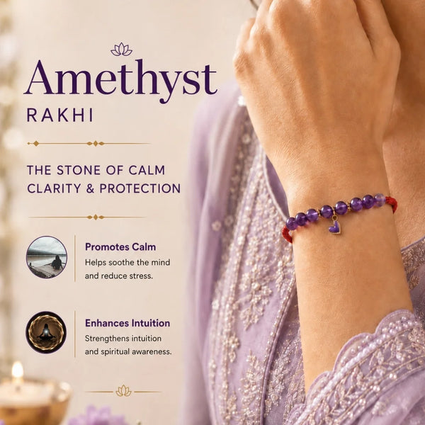 Amethyst Stone Lumba Rakhi with Heart Charm for Bhabhi & Sister