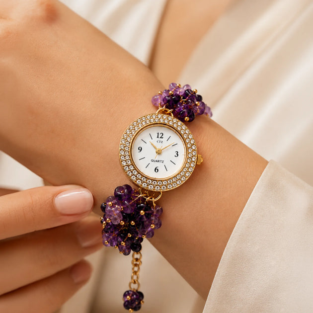 natural amethyst bracelet watch for women with gold-tone crystal bezel