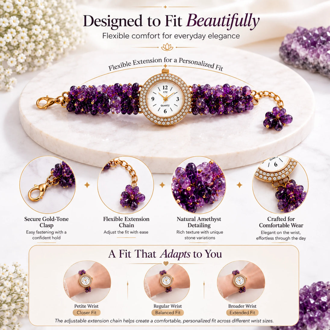 Natural Amethyst Bracelet Watch for Women by Calminds, product image 6