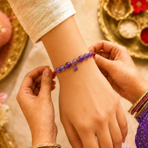 Amethyst Stone Lumba Rakhi with Heart Charm for Bhabhi & Sister