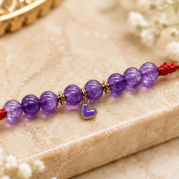 Amethyst Stone Lumba Rakhi with Heart Charm for Bhabhi & Sister