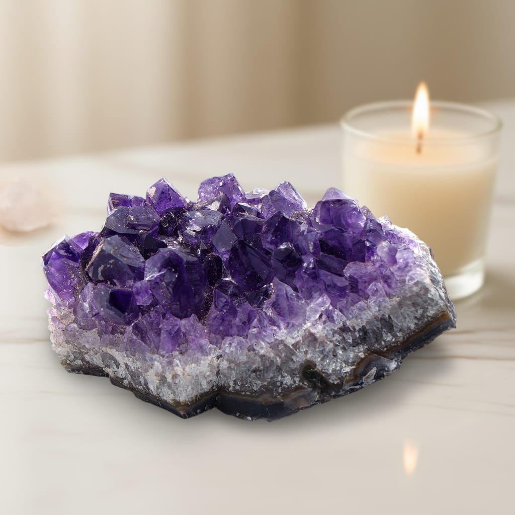 Amethyst crystal cluster on a white surface with a candle in the background