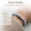 Blue angelite crystal bracelet on a wrist with text highlighting its benefits.