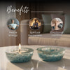 Two glass bowls with candles on a table, accompanied by images of people meditating and text highlighting benefits.