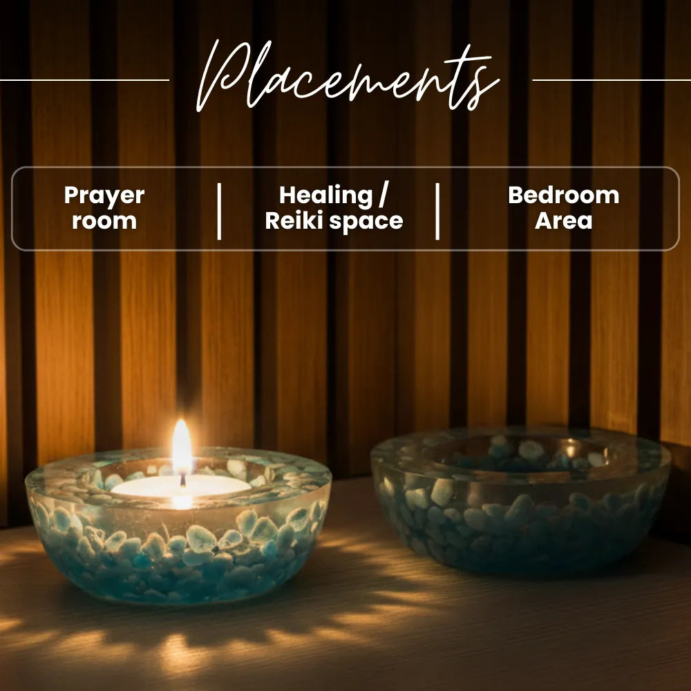 Two glass bowls with candles on a wooden surface, labeled for prayer room, healing/reiki space, and bedroom area.