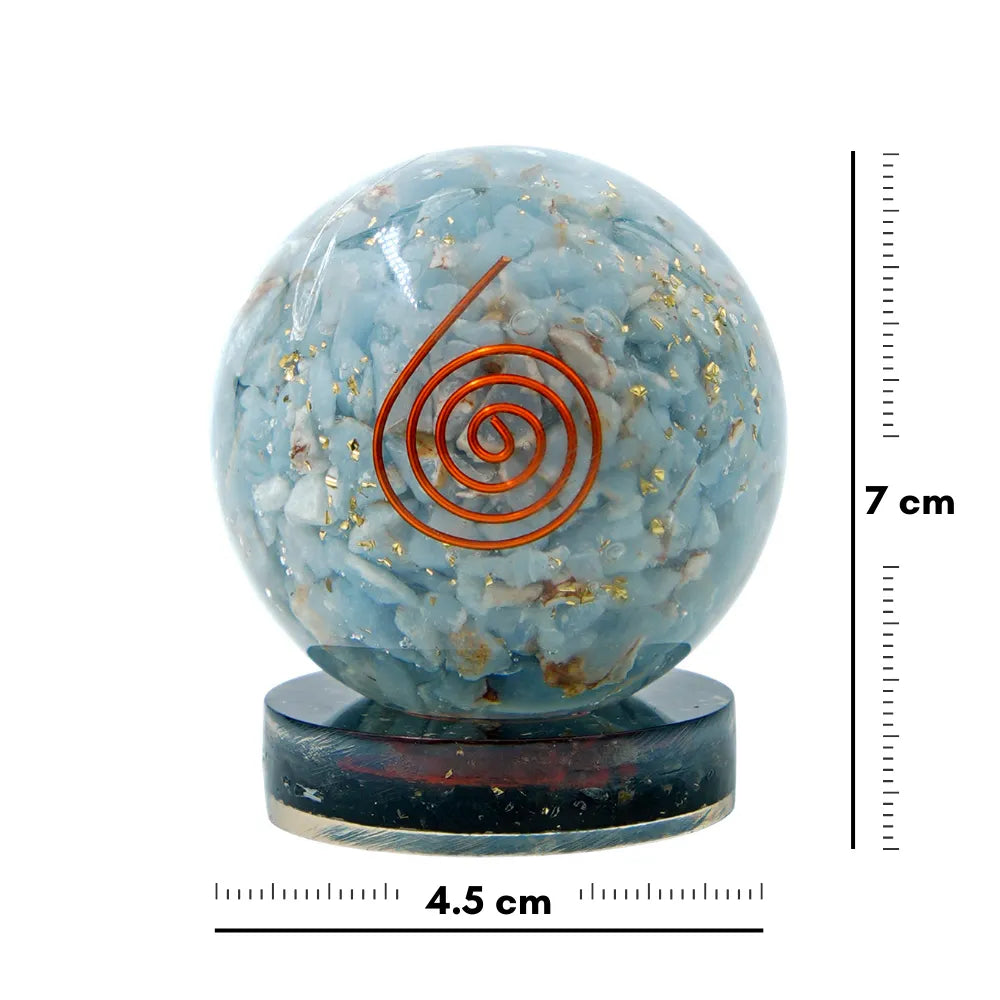 Decorative sphere with a copper spiral on a white background, accompanied by measurement indicators.
