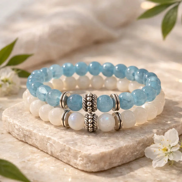 Aquamarine & Moonstone Crystal Bracelet Pair