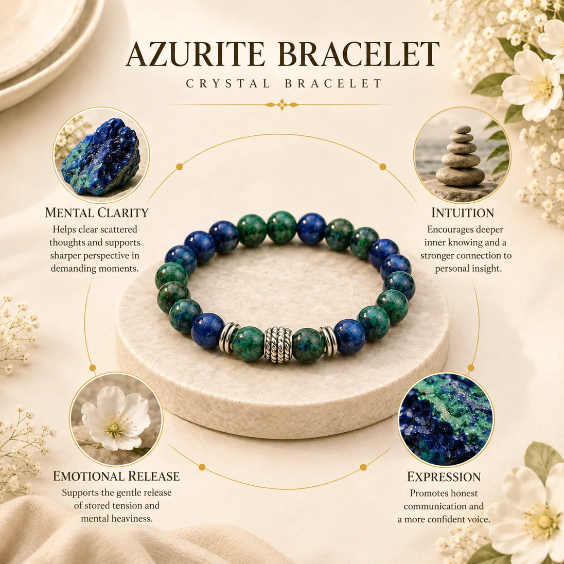 Azurite Crystal Bracelet for intuition and third eye clarity