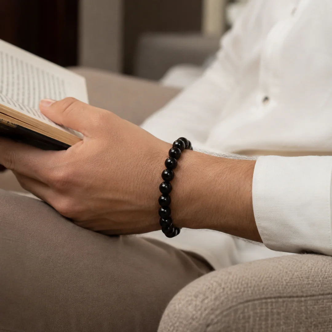 Black Onyx Crystal Bracelet for men, worn on wrist