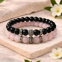 Black Tourmaline & Rose Quartz Bracelet Pair