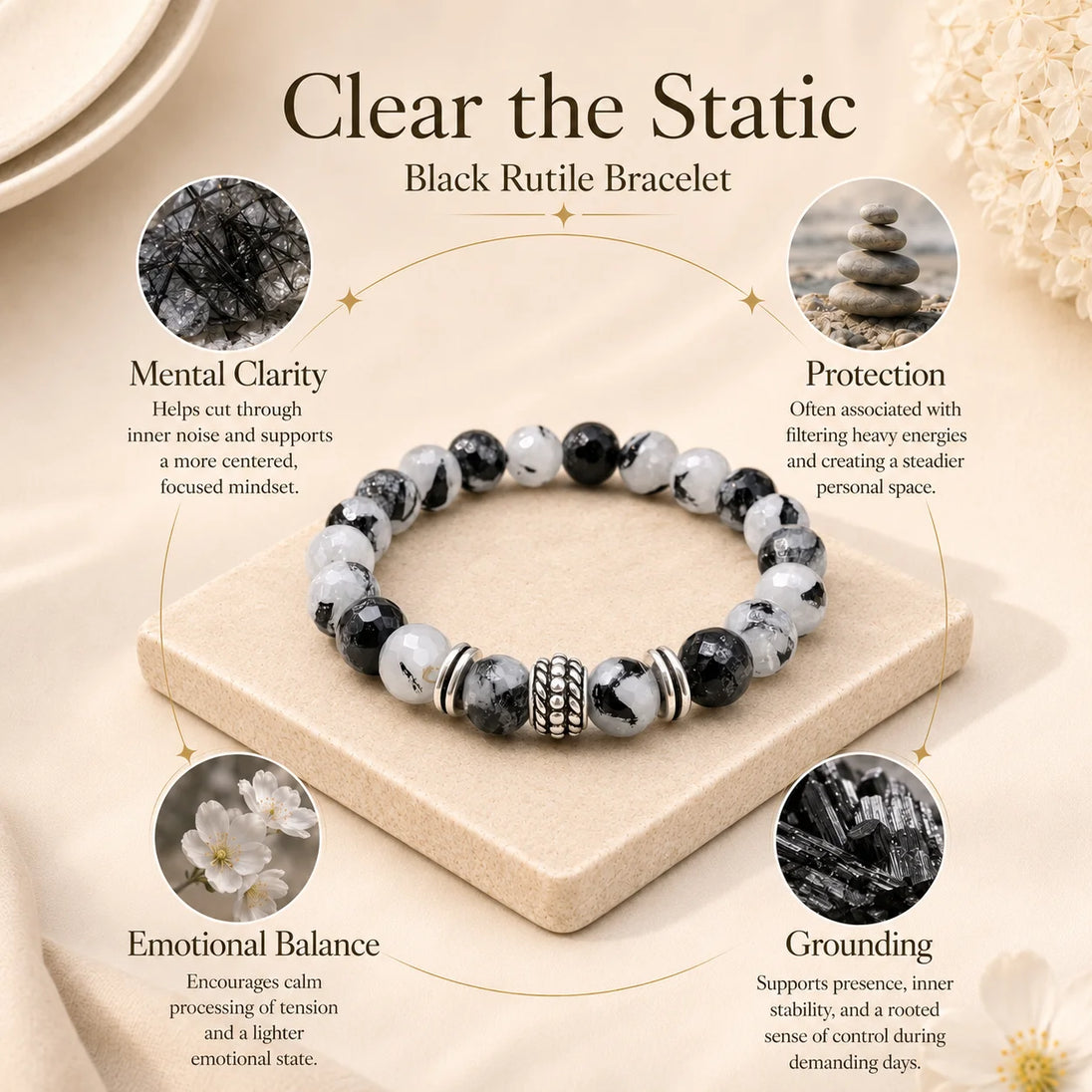 Black Rutile Quartz Healing Bracelet for protection and clarity