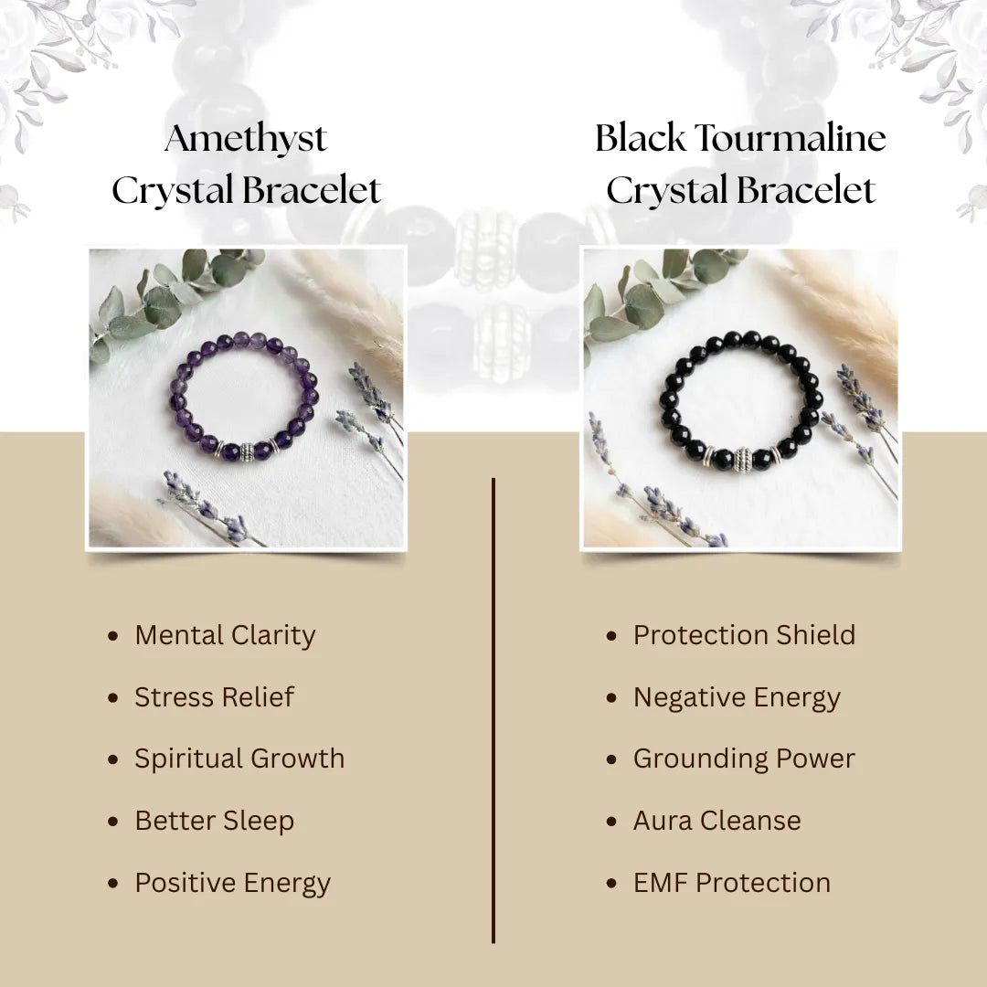 Two crystal bracelets with their respective benefits on a decorative background.