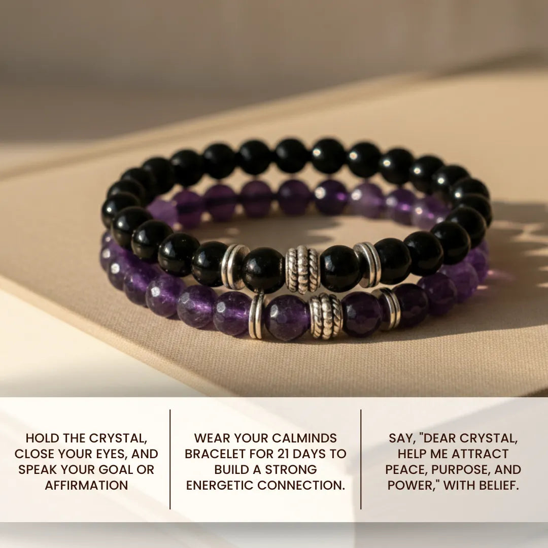 Stack of black and purple beaded bracelets on a beige surface with text instructions.