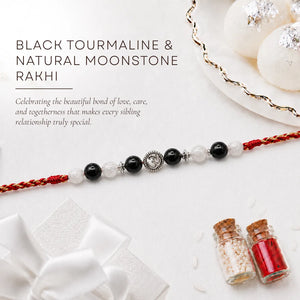 Black Tourmaline & Natural Moonstone — Protective Calm Om Rakhi for Brother