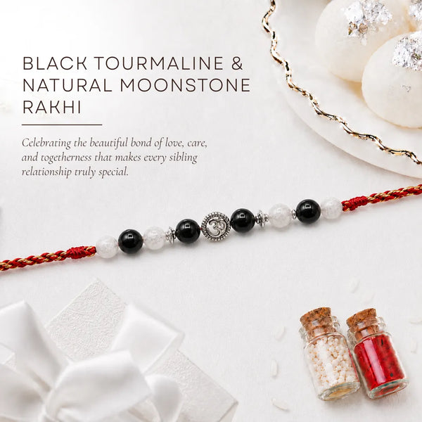 Black Tourmaline & Natural Moonstone — Protective Calm Om Rakhi for Brother