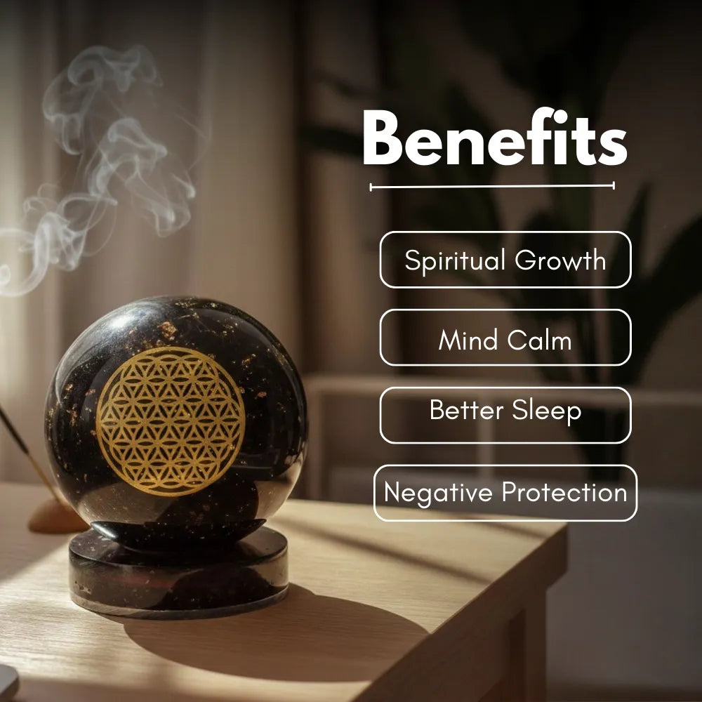 Decorative sphere with a geometric design on a wooden surface, emitting smoke with text listing benefits.