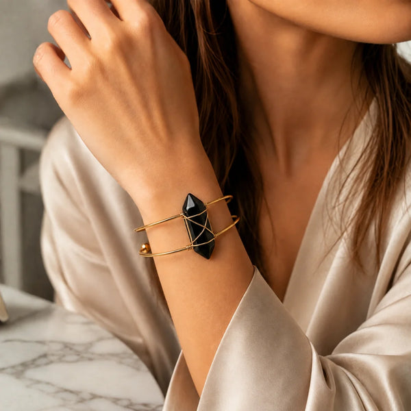 Black Tourmaline Double Pointed Bracelet for Protection
