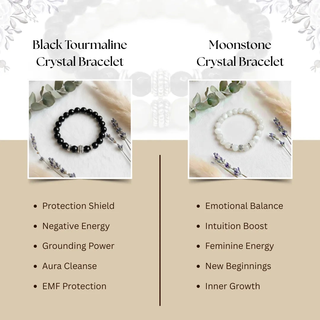 Two crystal bracelets with descriptions of their benefits on a beige background.