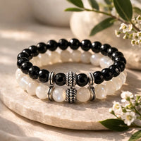 Moonstone & Black Tourmaline Bracelet Pair