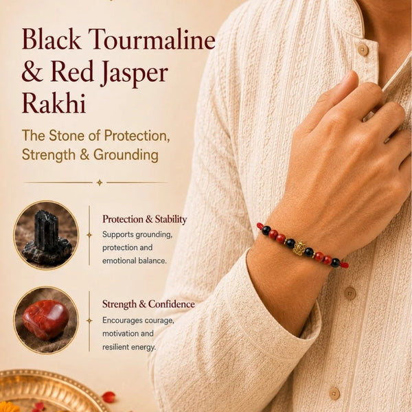 Black Tourmaline & Red Jasper Ganesh Stone Rakhi for Brother
