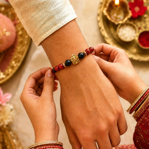 Black Tourmaline & Red Jasper Ganesh Stone Rakhi for Brother