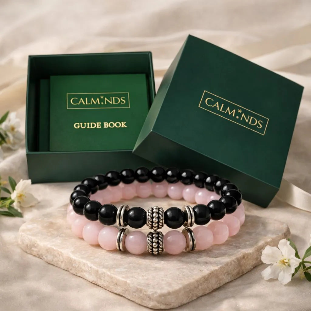 Black Onyx and Rose Quartz Couple Bracelet Set with Calminds Luxury Gift Box