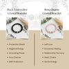 Two crystal bracelets with descriptions of their properties on a beige background.