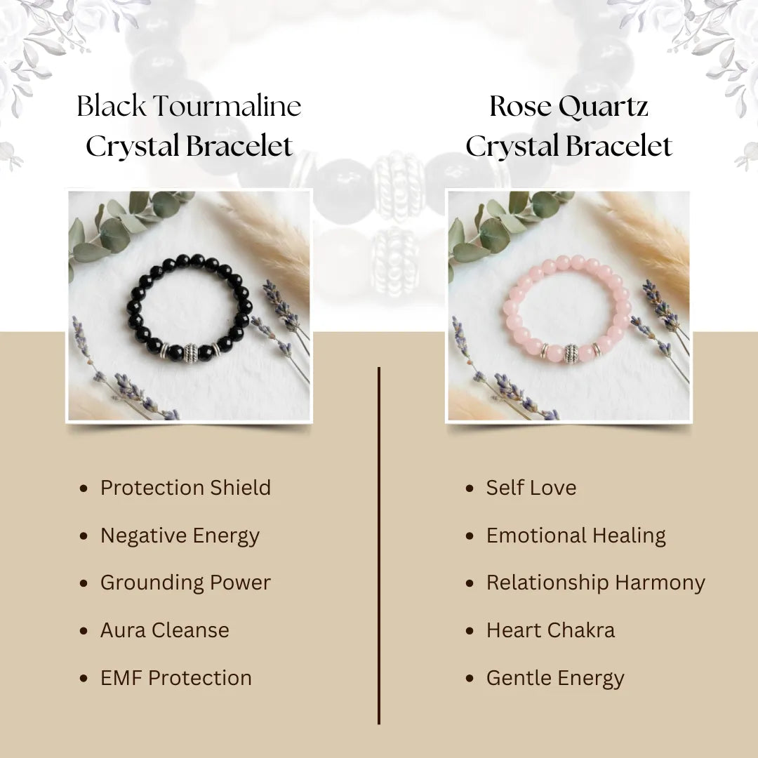 Two crystal bracelets with descriptions of their properties on a beige background.