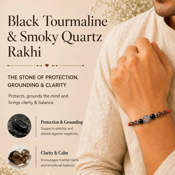 Black Tourmaline & Smoky Quartz Om Stone Rakhi for Brother