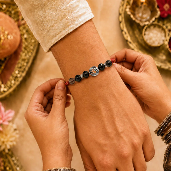 Black Tourmaline & Smoky Quartz Om Stone Rakhi for Brother