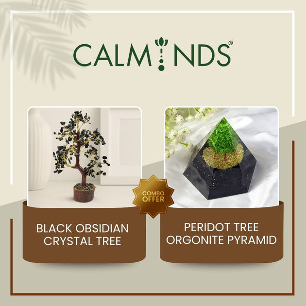 combo offer with black bbsidian crystal tree and peridot tree orgonite pyramid on a beige background.