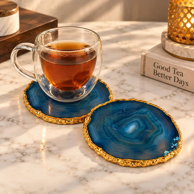 Set of 2 blue agate stone coasters with gold edges
